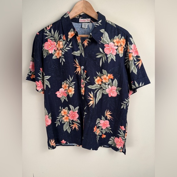 Hawaiian Button Up Blouse Hibiscus Bird of Paradise Navy Floral Jamaica Bay LG - Picture 2 of 12